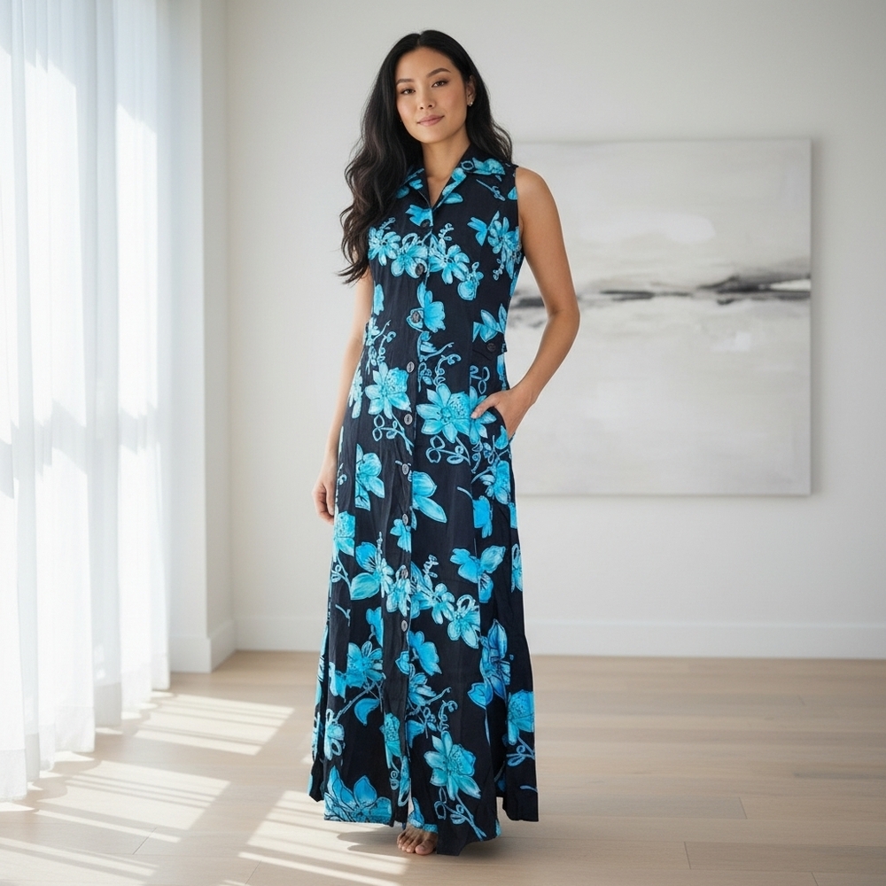 Vintage 90s‎ Maxi Shirt Dress Tropical Floral Hawaiian Long Black Blue Size 4